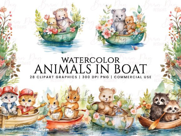 Download Watercolor Animals in Boat Clipart - Premium Bundle